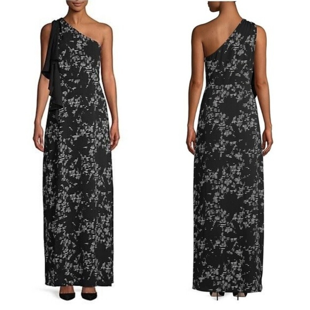 Halston Black & White Plunge One Shoulder Ruffle Maxi Gown Dress